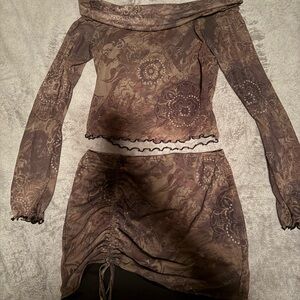 Elegant Brown Patterned Skirt Set